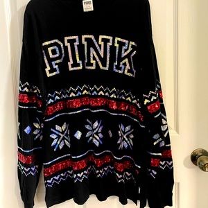 “PINK” long sleeve large black shirt with sequins.  Excellent Condition.